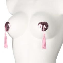 Baseks Pink Hartvormige Tepelstickers Met Kwastjes -Seksspeeltjes Winkel 26860 baseks pink heartshaped nipple covers with tassel 02 product q100