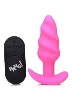 21X Vibrating Silicone Swirl Butt Plug With Remotel – Pink