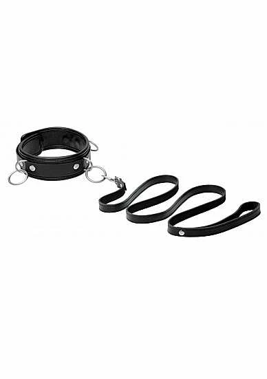 3 Ring Leather Collar With Leash – Black 3 3 Ring Leather Collar With Leash – Black